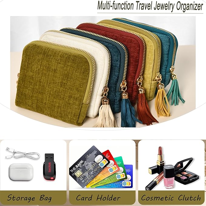 Travel Jewelry Organizer Bag Small Jewelry Holder Case with Tassel Zipper for Vacation Business Trip, Velvet Necklace Earrings Bangles Storage Box for Women Girls