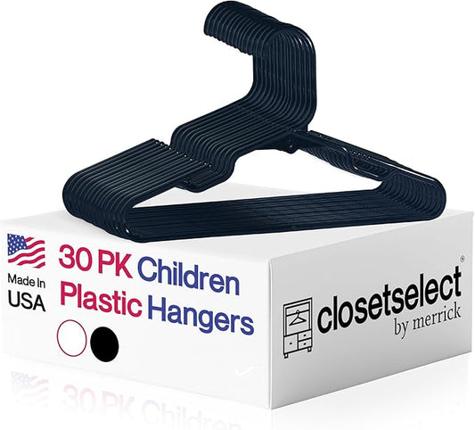 Closetselect Childrens Hangers 30 Pack - 11.75 Inch Plastic Kids Hangers for Closet, Baby Hangers for Children Clothes Sizes 0 to 8, Non-Slip Infant Hangers with Shoulder Grooves, Made in USA | Black