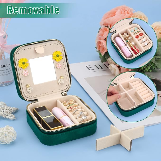 DesignSter Travel Jewelry Box - Velvet Mini Jewelry Organizer, Small Jewelry Case for Girls Women, Jewelry Storage Box for Rings Earrings Necklace (Square, Emerald Green)