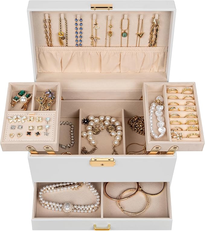 AKOZLIN Travel Jewelry Box Organizer Functional 2-trays Leather Jewelry Storage Case with Lockable Portable Drawer for Women Girls Ring Necklace Earring Bracelet