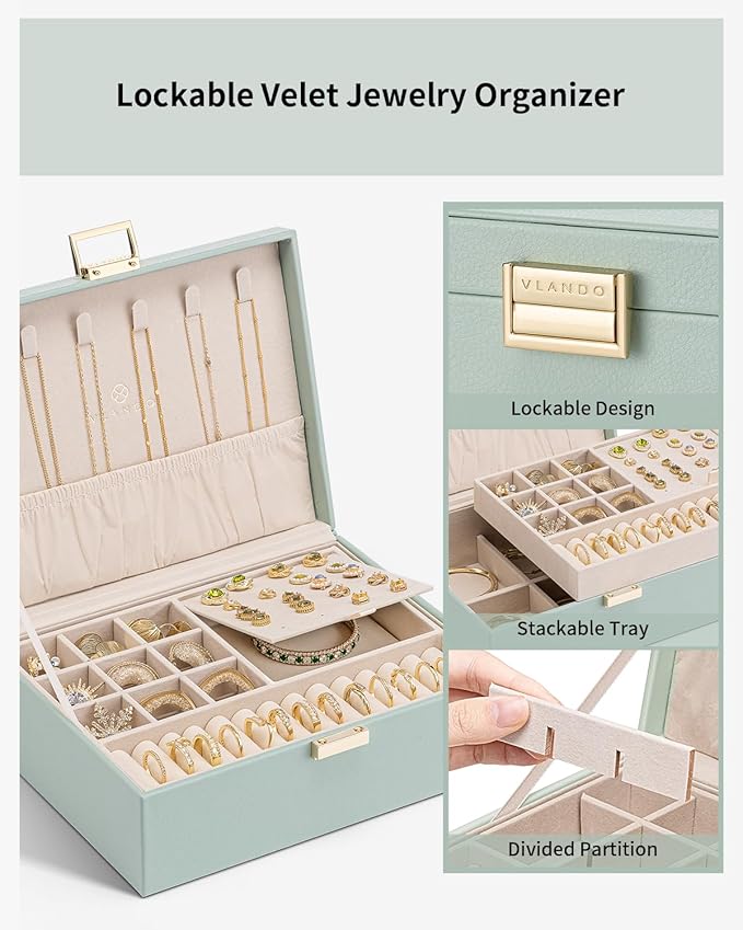 VLANDO 2 Layer Jewelry Box Large Jewelry Organizer for Women Removable Jewelery Tray for Necklace Earrings Rings Bracelets Holidays Gifts for Mom Wife (Green)