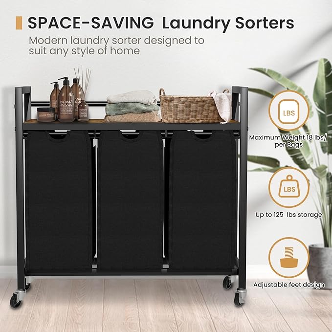 SwaaVee Laundry Hamper, Laundry Basket, Laundry Sorter with 3 Removable Bags, Clothes Basket with 3 Compartments, Wheels, Shelf for Laundry Room Bathroom Bedroom (3 Bags-Black)