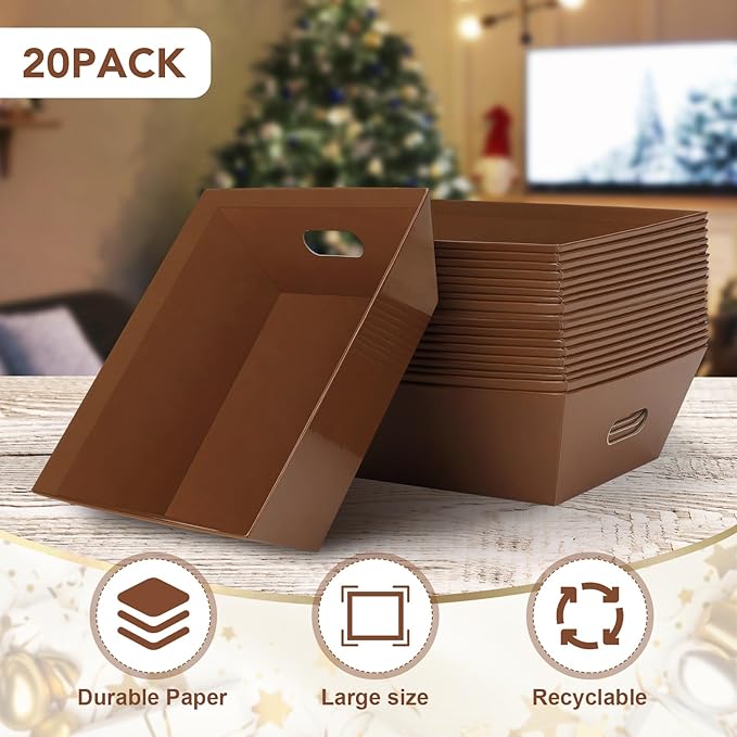 AFOROEOA 20PACK Baskets for Gifts Empty, 12x10x4” Thick Brown Gift Basket with Handles, 20 Bows & 20 Bags - Empty Gift Baskets for Christmas, Thanksgiving, Wedding, Birthday Party, Wrapping Gifts