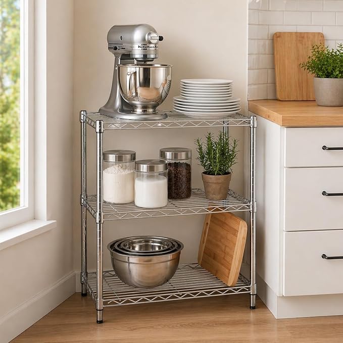 Honey-Can-Do 3-Tier Heavy Duty Adjustable Shelving Unit, 250-lb Per Shelf Metal Storage Rack, Wire Shelf for Kitchen Garage Pantry Closet, Chrome, 24 x 14 x 30 in