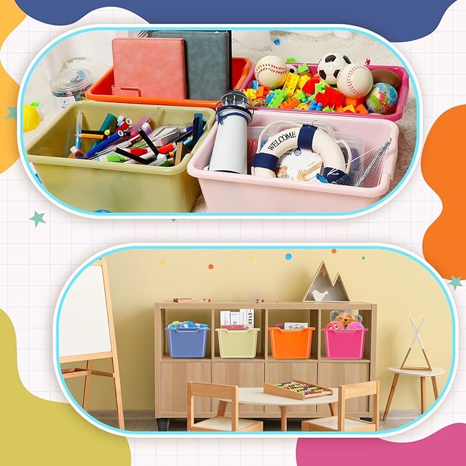 Dandat 16 Pcs Plastic Book Bins for Classroom Library Cubby Bins Scoop Front Stackable Toy Storage Tubs Containers for School Office Home Nursery Playroom Organization(Vintage Color)