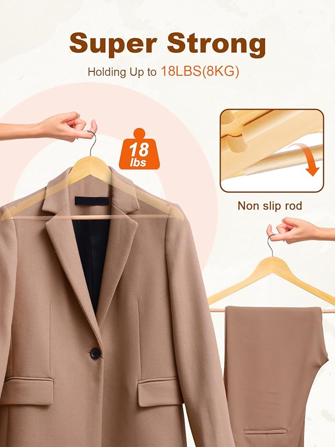 HOUSE DAY Wooden Hangers 10 Pack, Solid Wood Hanger with Non Slip Pant Bar, Heavy Duty Wooden Coat Hanger for Closet, Smooth Finish Wood Clothes Hangers for Shirts, Suits, Jackets, Dress, Natural