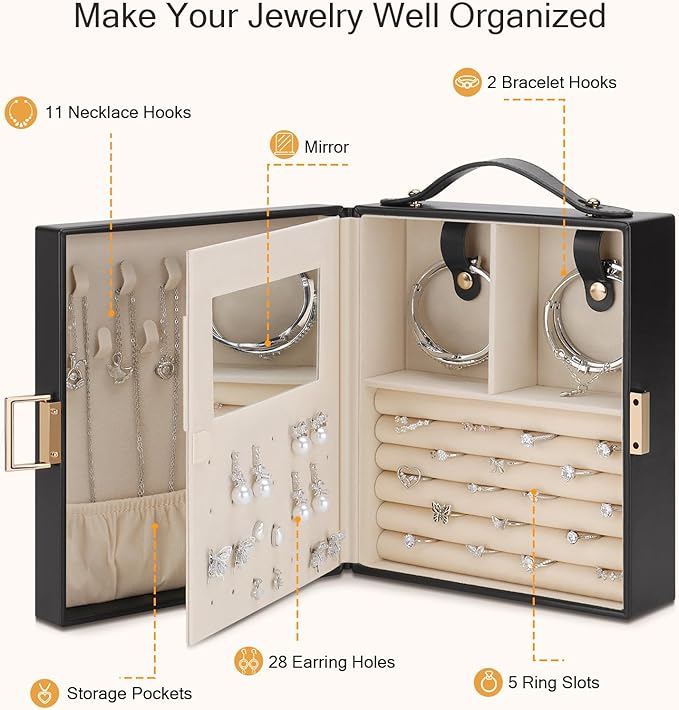 DesignSter Travel Jewelry Case for Woman, Portable Jewelry Travel Box with Mirror, PU Leather Small Jewelry Organizer with Handle for Rings Earrings Bracelets Necklaces(Black Brown & Apricot)