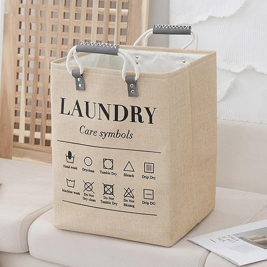 Small Laundry Basket, 50L Foldable Laundry Hamper Organizer with Handles, Fashion Portable Laundry Basket in Bedroom, Laundry Room, Closet, Bathroom, College Dorm (Beige)