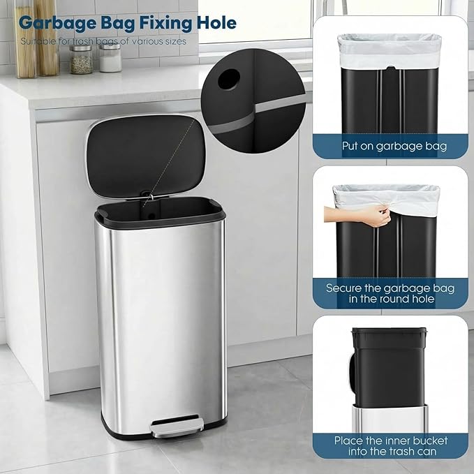 8 Gal Kitchen Trash Can, 30L Recycling or Garbage Bin, Brushed Stainless Steel Waste Basket, Soft&Quiet Close Dustbin, with Step-On Pedal, Removable Inner Bucket, for Home, Office, Living Room