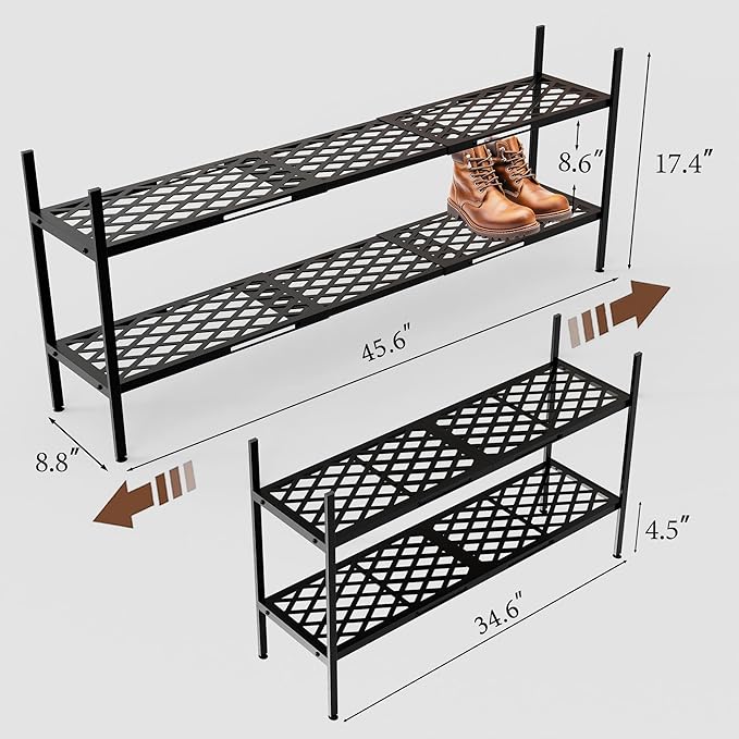 Shoe Rack, 45.6" Expandable Shoes Storage Metal Shoe Shelf Stand 2-Tier Stackable Boot Organizer for Closet, Entryway, Garage, Bedroom, Door Entrance, Black
