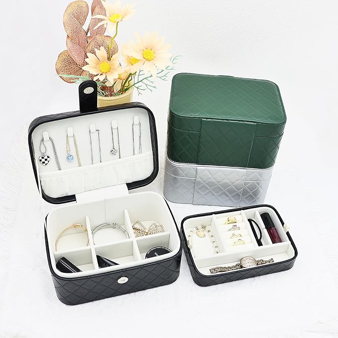 Jewelry Travel Case, 2-Layer Jewelry Box Organizer Medium Jewelry Travel Box, Portable Faux Leather Jewellery Storage Boxes with Argyle for Women, Daily Jewellery Case Home Use (Pure black)