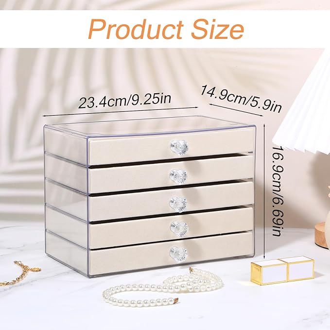 5-Drawer Necklace Organizer Box with Clear Acrylic & Velvet Lining, Beige Necklace Storage Box for Chains, Pendants, Stackable Dustproof Jewelry Holder(9.25 x 5.9 x 6.69 in)