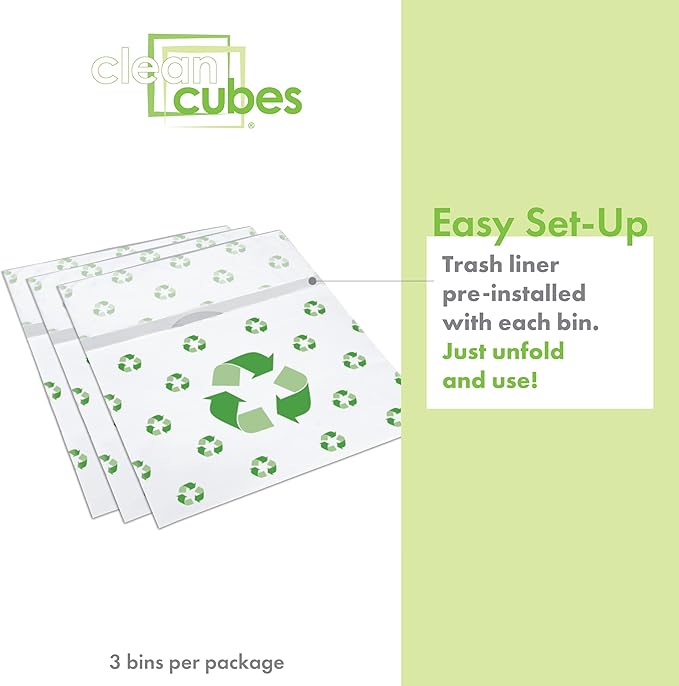 Clean Cubes 13 Gallon Disposable Pop-Up Trash Cans (3-Pack) with Fitted Bags – Foldable Garbage & Recycling Bins for Parties, Events & Kitchen (Recycle, 17" H x 13.5" W x 10" D)