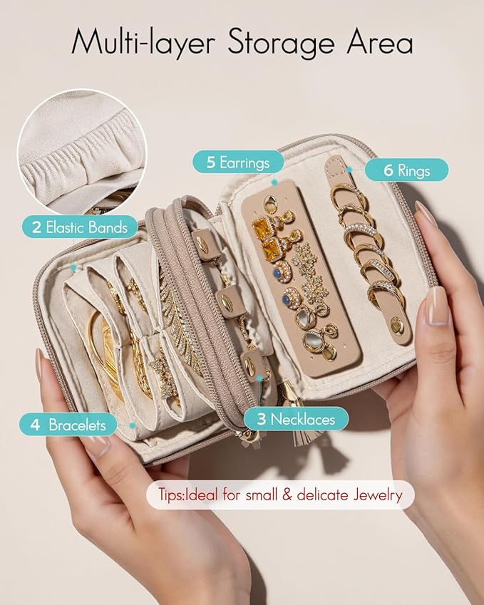VLANDO Travel Jewelry Case,2-Layer Jewelry Organizer for Travel,Mothers Day Mom Gifts Teacher Gift,Multi-Compartment Jewelry Storage for Rings Earrings Necklaces Bracelets-Toffee