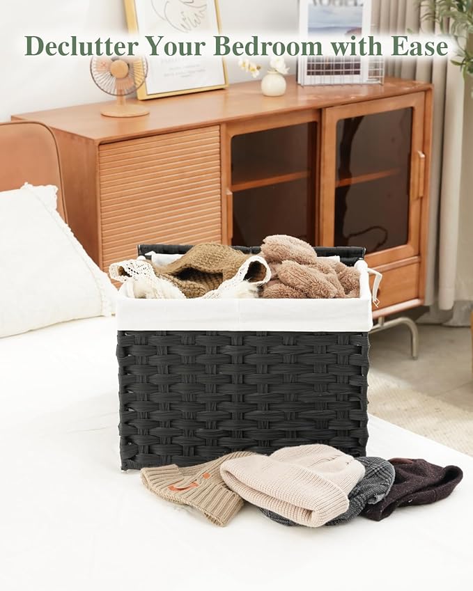 SETVSON Storage Basket with Lid Woven Wicker Baskets with 2 Separate Lid, 9.2 Gallon (35 L) Wicker Storage Bins with Handles, Foldable and 2 Removable Liner Bags for Bedroom, Laundry Room Black