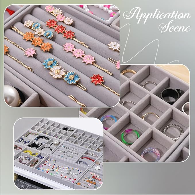 2Pcs 5 x 8.3 Inch Velvet Jewelry Trays Stackable Jewelry Organizer Removable Divider 12 Grids Divided Gray Necklace Storage Container Box Dresser Drawer Case for Earring Ring Display Showcase