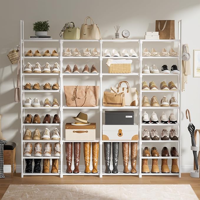 WOWLIVE 4 Row 9 Tiers Extra Large Shoe Rack Big Tall Metal Shoe Shelf, Heavy Duty Organizer for Closet Entryway, Boot Rack Storage Stackable Stand for Garage White