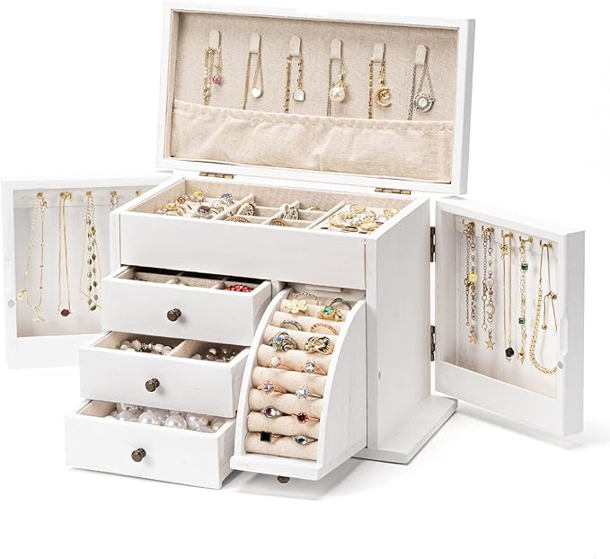 Poyilooo Jewelry Box Organizer, Solid Wood Jewelry Boxes for Women for Storage & Display Necklace Ring Earring Bracelet, Rustic Style Jewelry Organizer Box for Women Gifts (Weathered White)