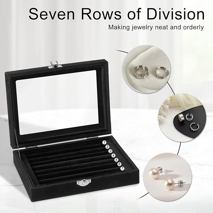 Velvet Ring Organizer Box, 7 Slots Jewelry Holder with Glass Lid Earring Display Tray Storage Case Gift for Women and Girls (Black)
