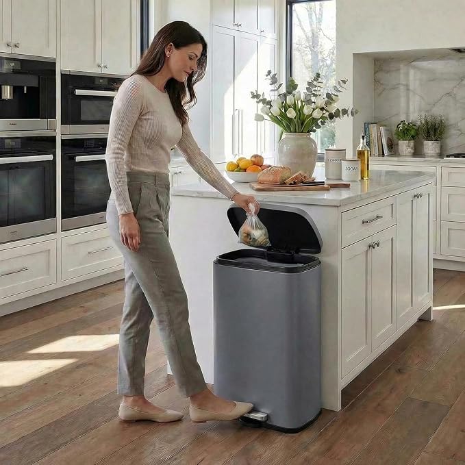 8 Gal Kitchen Trash Can, 30L Recycling or Garbage Bin, Brushed Stainless Steel Waste Basket, Soft&Quiet Close Dustbin, with Step-On Pedal, Removable Inner Bucket, for Home, Office, Living Room
