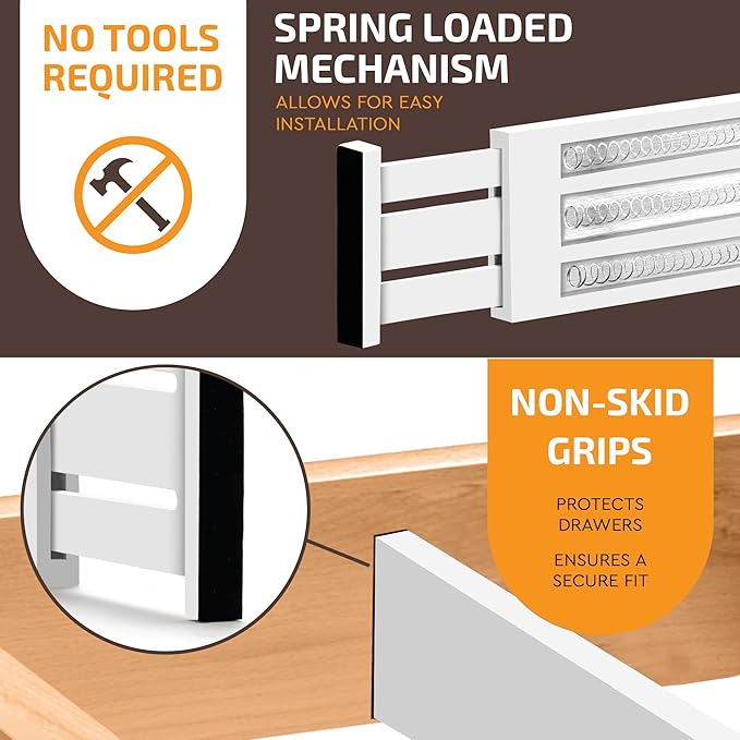 6-Pack Drawer Dividers 6 Inch High, 11”-17" Adjustable Bamboo Organizers Large Expandable Drawer Separators for Cloths, Dresser, Bedroom, Bathroom, Baby Drawer, Office & Kitchen Utensils (White)