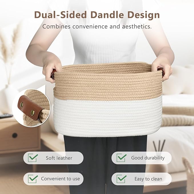 ECDYQXVU Cotton Rope Storage Baskets,15x10x9 in,Foldable Storage Bins, Decorative Woven Basket Cube Storage Organizer for Laundry, Towel, Clothes (White/Beige-3Pack, 15x10x9 inches)