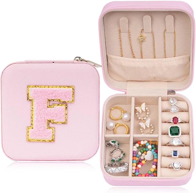 ETHOON Jewelry Travel Case Small Organizer Stocking Box Personalized Gifts Teenage Jewelry Accessories Holiday Wedding Christmas Gift for Women Pink, Letter F