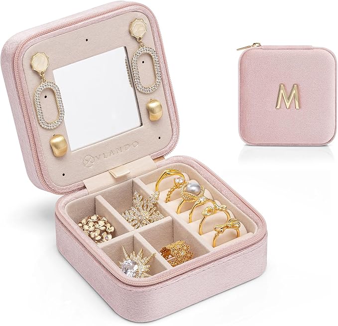 Vlando Small Travel Jewelry Box Organizer Display Case for Rings Earrings Necklaces Storage, Selected Soft Velvet, Letter M Engraved, Pink