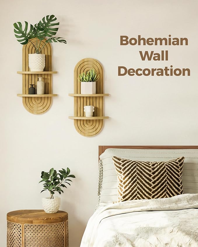 Bamworld Boho Wall Decor 2pcs Plant Wall Shelf, Mid Century Modern Decor Hanging Plant Shelf, 2-Tier Wooden Floating Shelves for Home, Bathroom Bedroom Living Room Holding Planter Decoration Natural