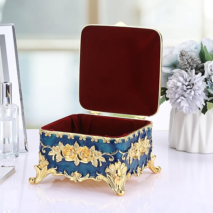 Hipiwe Metal Jewelry Box Decorative Trinket Chest Rectangular Treasure Display Case Keepsake Organizer for Earrings Ring Holder, Blue, 5.1" L x 5.1" W x 3.1" H