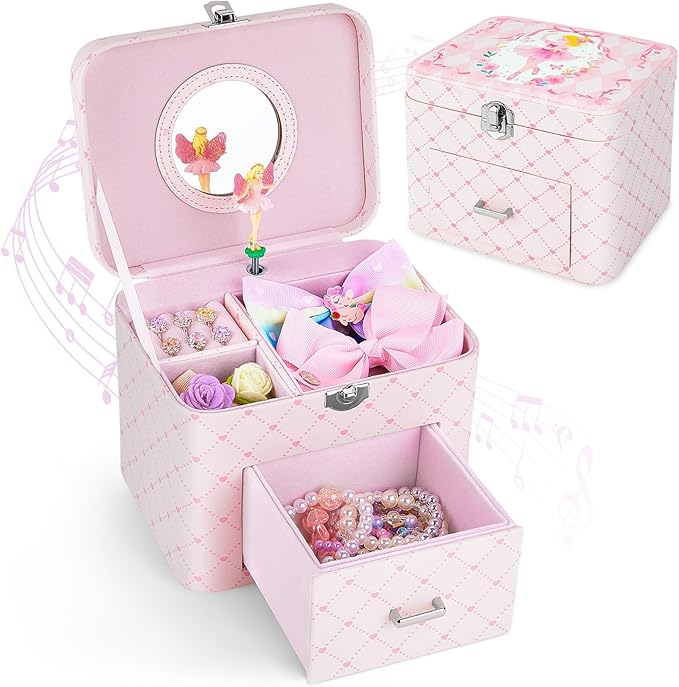 Basumee Musical Jewelry Box for Girls PU Leather Music Box with Drawer Large Kids Jewelry Organizer with Unicorn/Ballerina Jewelry Storage for Little Girls Ages 3–10, Birthday & Holiday Present