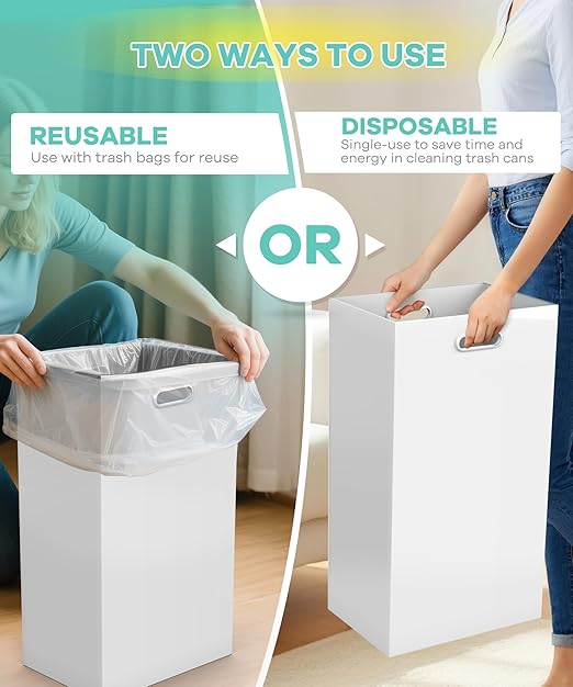 4 Pack Disposable Trash Cans for Parties, 13 Gallon Large Collapsible Garbage Cans with Handle, Thick Recycled Cardboard Recycling Bins for Party Events Camping (13.5" L x 10.0" W x 21.7" H), White
