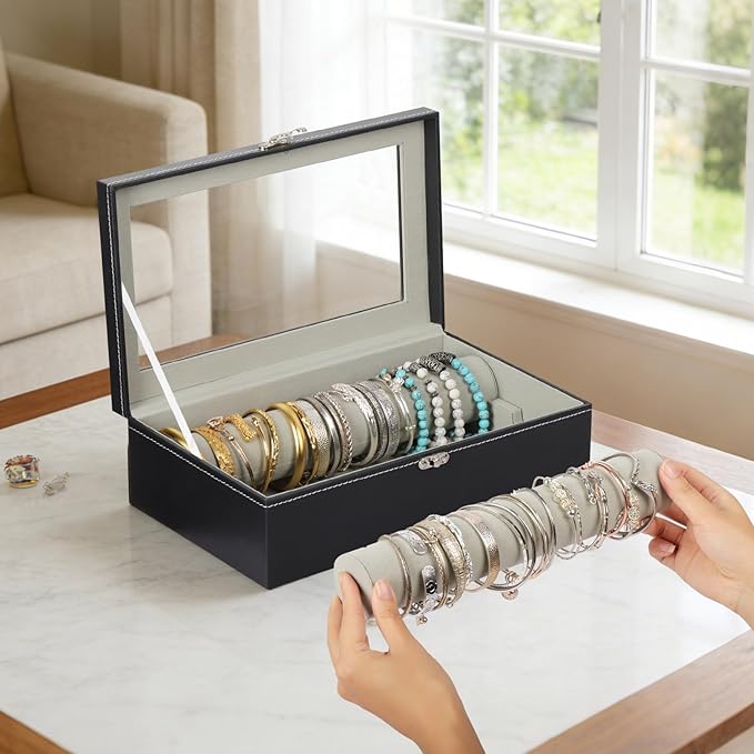 AUTOARK Bracelet & Watch Storage Box with Glass Lid & 2 Anti-Roll Rods,PU Leather Jewelry Case,Soft Lined Locking Organizer for Women,Gift for Dresser & Cabinet Display,Black,MKAW147