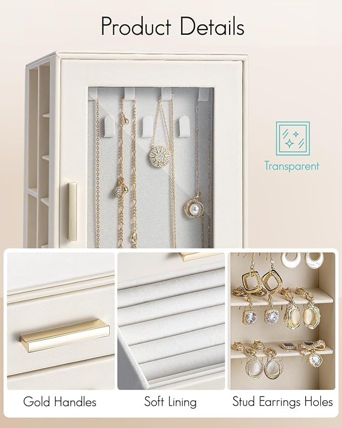 VLANDO 360ｰ Rotating Jewelry Box with 5 Drawers, Mothers Day Mom Gifts, Large Jewelry Storage with 2 Glass Window, PU Leather Jewelry Organizer for Bracelets, Necklaces, Earrings, Rings - Cloud White