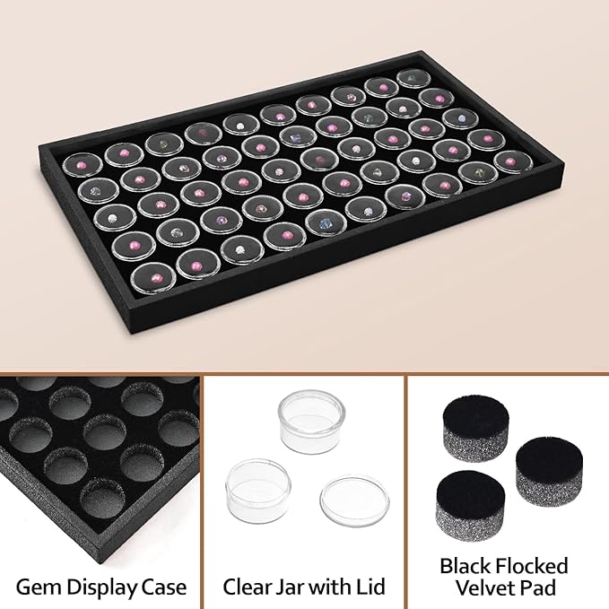 Ikee Design Black Foam Gem Jars Showcase Stackable Display Tray for Collectibles, Home Organization Storage Box with 50 Gemstones and Bead Storage Jars