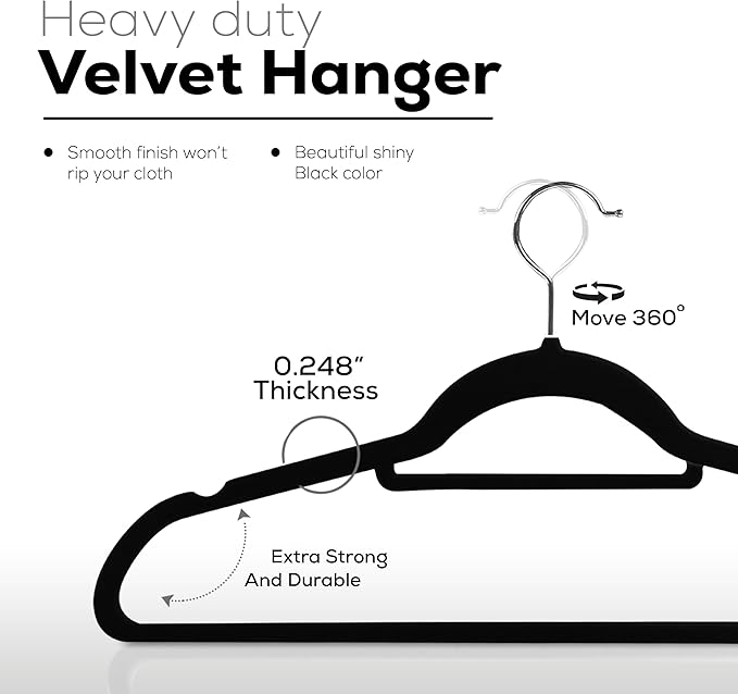 Utopia Home Premium Velvet Hangers 50 Pack - Non-Slip Clothes Hanger with Tie Bar - Black Hangers with 360 Degree Rotatable Hook - Heavy Duty Coat Hanger