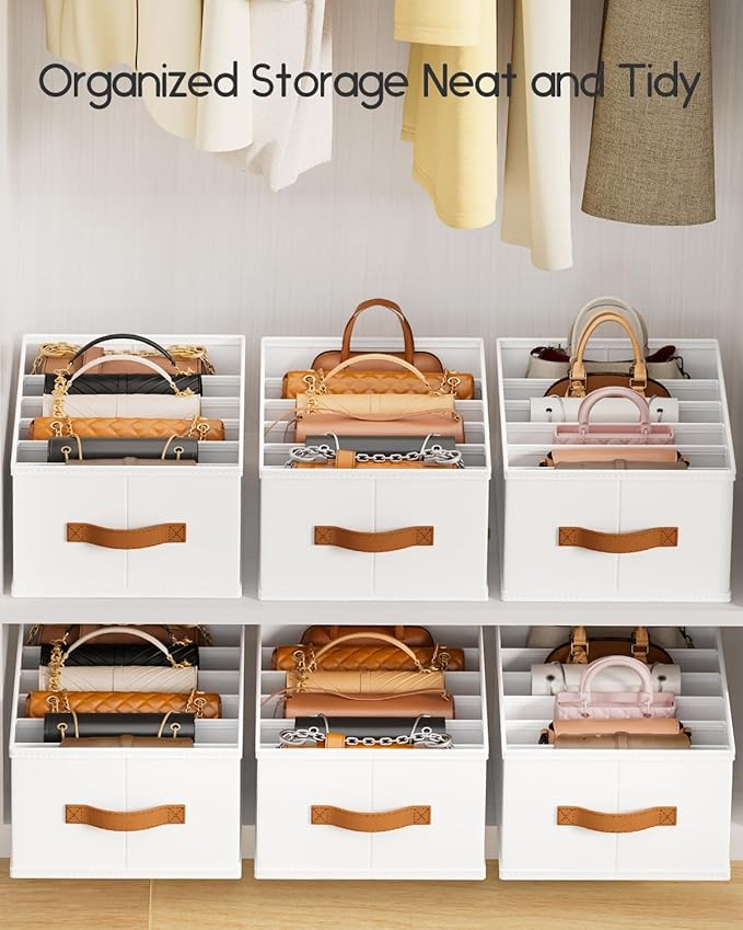 Homsorout Purse Organizer for Closet, Fabric Handbag Storage Organizer with Handles, Foldable Bag Organizer Drawer for Flat Handbags, Clothes, Towels or Pants, Closet Storage Organizer, White, 6 Pack