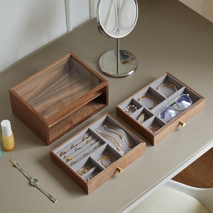 Black Walnut Jewelry Organizers and Storage,2 Layer Wooden Jewelry Boxes for Women,for Necklaces Ring Earring (2 Layer)