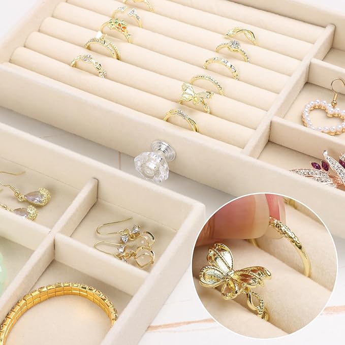 Hyber&Cara Luxury Acrylic Jewelry Box Organizer - 5 Drawers Velvet Lined Clear Stackable Storage for Earrings Necklaces Rings Bracelets Elegant Beige Dresser Top Vanity Display