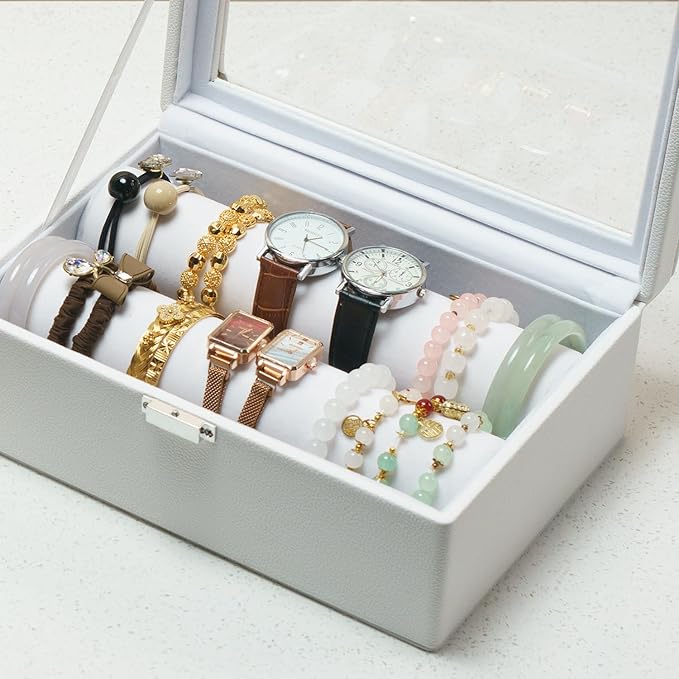 Bracelets Organizer Rods Bangles Display Holder, Clear See through Lid Leather Velvet Jewelry Storage Box Case for Women, 2 Rods White Leather