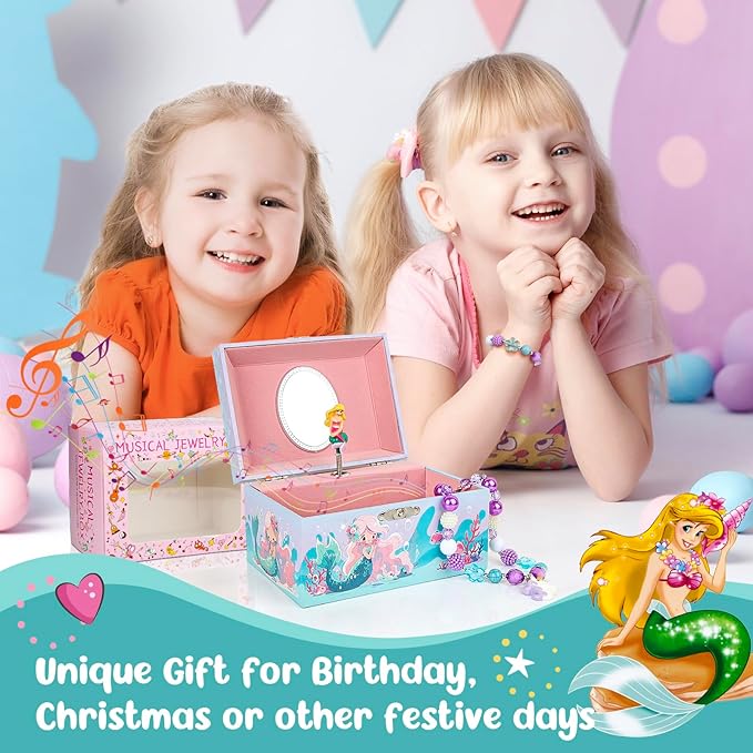 Girls' Musical Jewelry Box Organizer with Jewelry Set - blue ocean mermaid Theme, OVER THE WAVES Tune - Jewelry Storage and jewelry box for girls