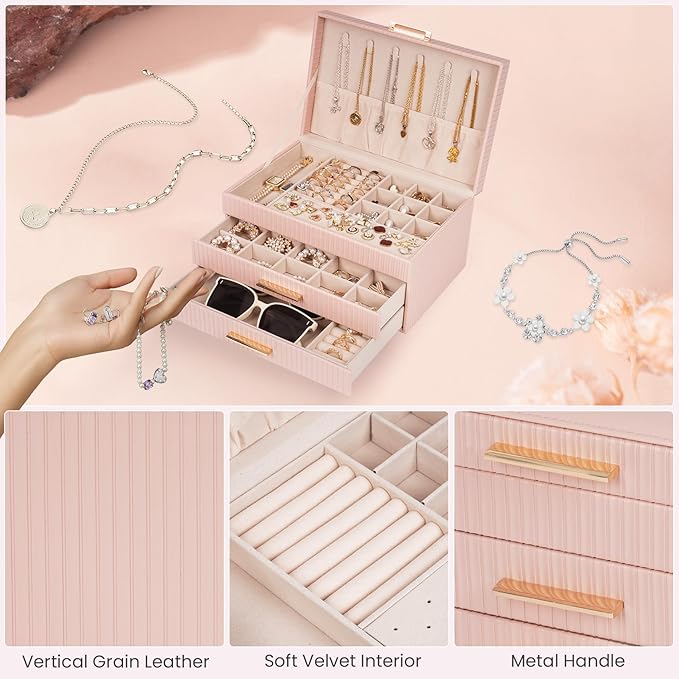 Dajasan Jewelry Box Organizer, 3-Tier Jewelry Storage Organizer with 2 Drawers, Large Jewelry Box for Girls Women, PU Leather Surface with Texture, Gift Idea, Modern Style (Pink)