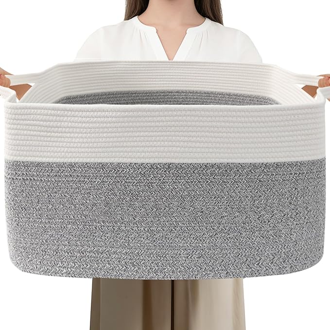 Large Blanket Basket,Woven Rope Basket Storage Bin with Handles,65L Rectangle Laundry Basket for Magazines,Toys,Clothes,Newspaper Shelf Organization,Nursery and Living Room,White&Grey