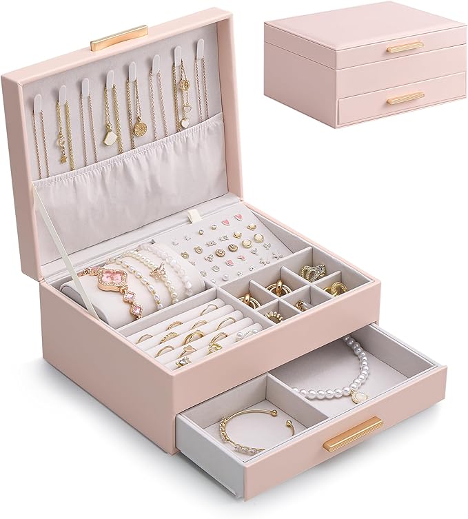 Lolalet 2-Layer Jewelry Box Organizer for Women Girls, Jewelry Storage Case Holder with Drawers for Necklaces Ring Earrings Bracelet Watch, Gifts Choice for Mom Mother’s Day -Pink
