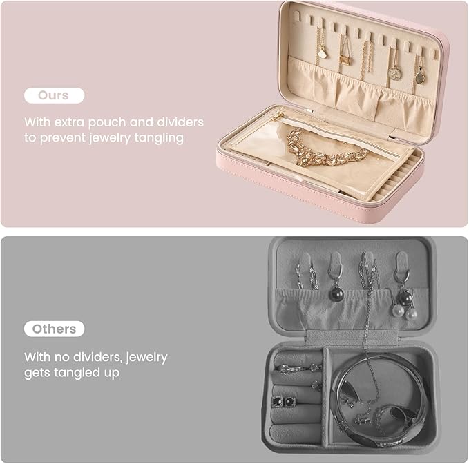 Lolalet Travel Jewelry Case for Women Girls, Travel Jewelry Organizer Box with Mirror & Clear Storage Bag, Small Portable Earring Necklace Bracelet Ring Case, Birthday Valentine Gifts -Large, Pink