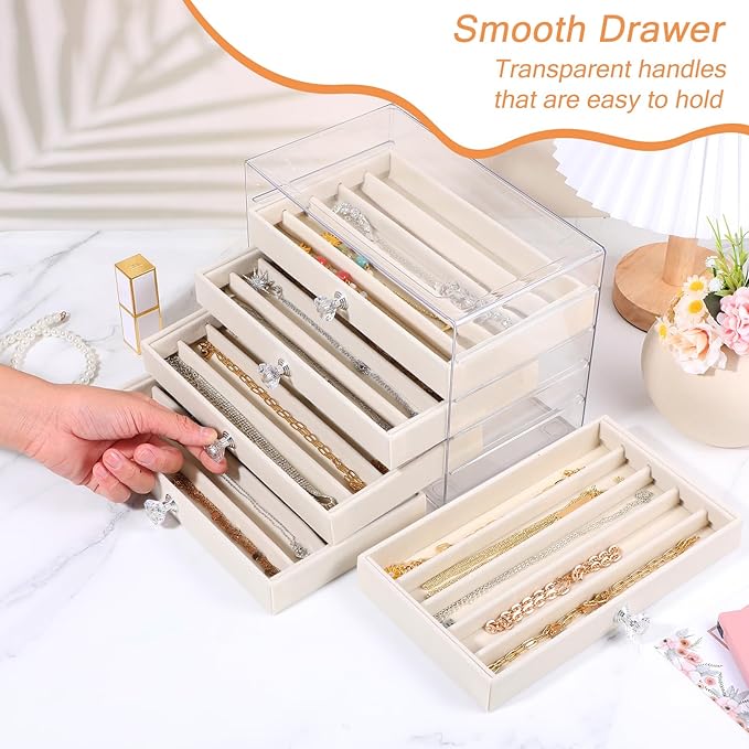 5-Drawer Necklace Organizer Box with Clear Acrylic & Velvet Lining, Beige Necklace Storage Box for Chains, Pendants, Stackable Dustproof Jewelry Holder(9.25 x 5.9 x 6.69 in)