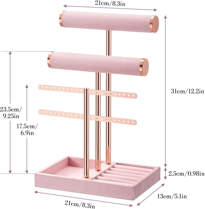 bussdis 3 Tier Bracelet Holder Display - Detachable T Bar Pink Velvet Bracelet Holder, Jewelry Holder Organizer for Bracelet, Necklace, Earrings, Rings