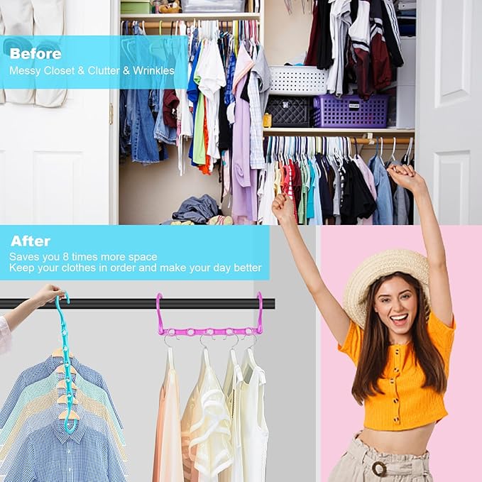 DUCOO Space Saving Hangers 10 Pack, Heavy Duty Magic Cascading Hanger Organizer with 5 Enclosed Anti-Slip Holes, Closet Organizers and Storage for Clothes, College Dorm Room Essentials, Multicolor