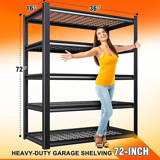 2 Pack Storage Shelves, 2500lbs Garage Shelving,Adjustable Heavy Duty Shelving Unit,5T Tall Garage Shelves，Metal Standing Shelf Units,Utility Rack For Kitchen Warehouse Industrial Basement 72*36*16