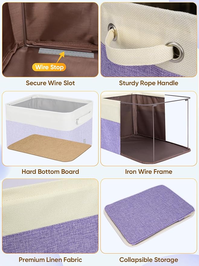 BALEINE 3 Pack Fabric Closet Storage Bins for Shelves, Linen Closet Organizers and Storage, Decorative Baskets for Organizing, Shelf, Clothes, Home, Office (Lavender, 15''x11''x9.5'')